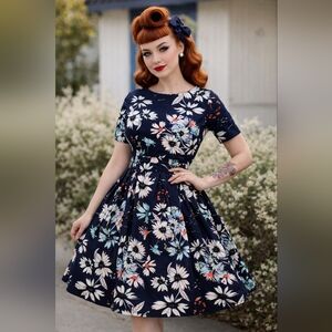 Retro-Look 1950/60s-Style Dress Tea Time Hostess Floral Hidden Zipper & Pockets
